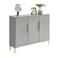 Wide grey shoe cabinet with patterned doors and gold-coloured frame