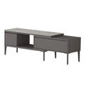 Grey TV console with open compartment, drawer and black legs