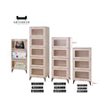 White storage chests with open drawer insets and dimensions