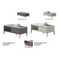 Grey and white coffee tables with top detail and size information