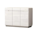 Wide gloss white shoe cabinet with rounded corners, angled view