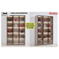 Wide illuminated glass display cabinet with side view and dimensions
