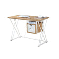 Wood-look desk with right storage unit and white crossed legs, angled view