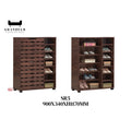 Tall dark wood-look shoe cabinet with slatted door and open side shelves