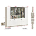 Wide white and grey book cabinet with interior and dimensions