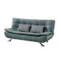 Teal tufted sofa bed with grey cushions, angled front view