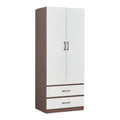 White two-door wardrobe with brown sides and two lower drawers