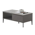 Grey rectangular coffee table with stone-patterned top and open shelf
