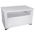 White coffee table with white top, open shelf and lower drawer