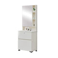 White dressing table with tall mirror and side shelves