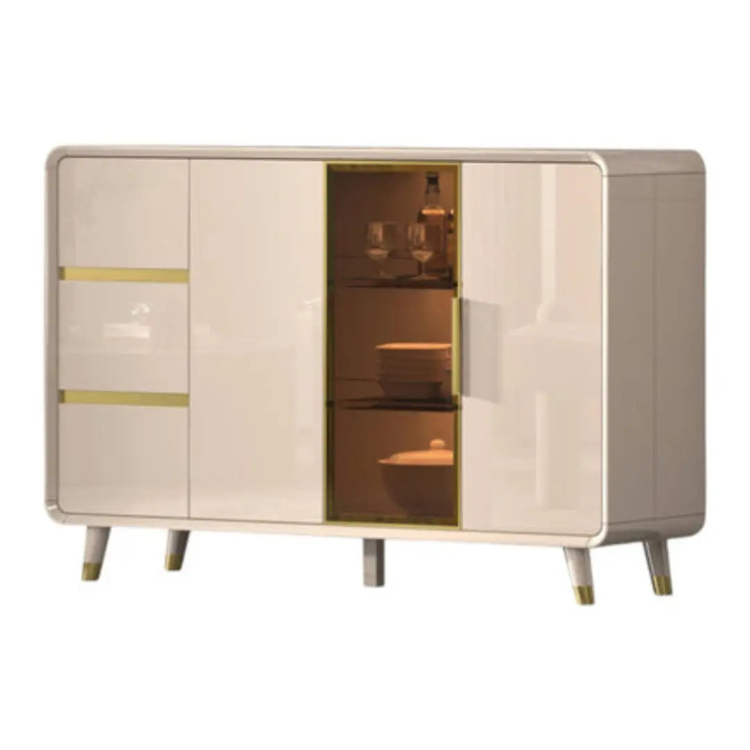 Elegant Gloss Light Khaki Side Cabinet with Gold Chrome Plated Accents & Tempered Glass Grandeur Furnishings