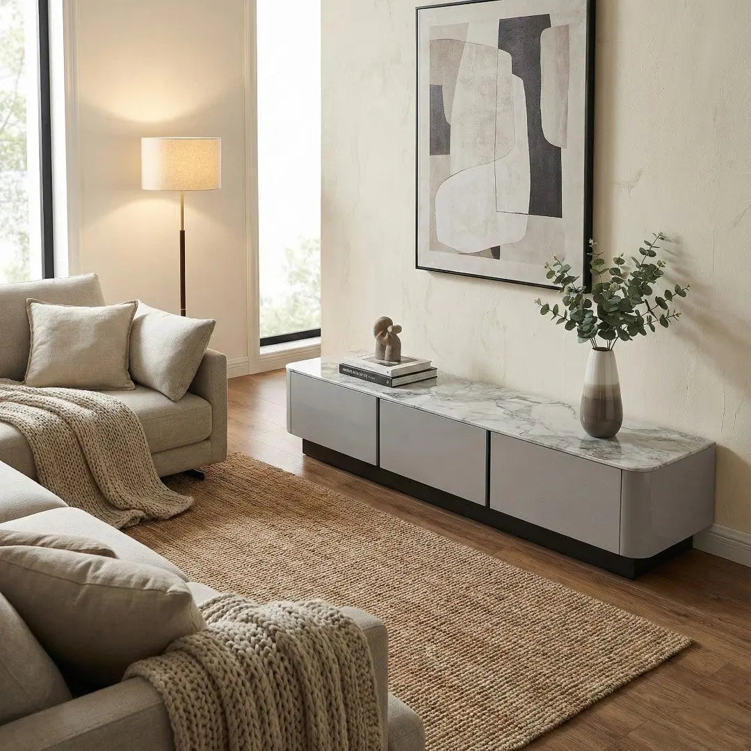 Marquis Luxury TV Console - Sintered Stone Top TV Cabinet | Modern Minimalist Entertainment Unit | Scratch Resistant | 3-Drawer Storage Grandeur Furnishings