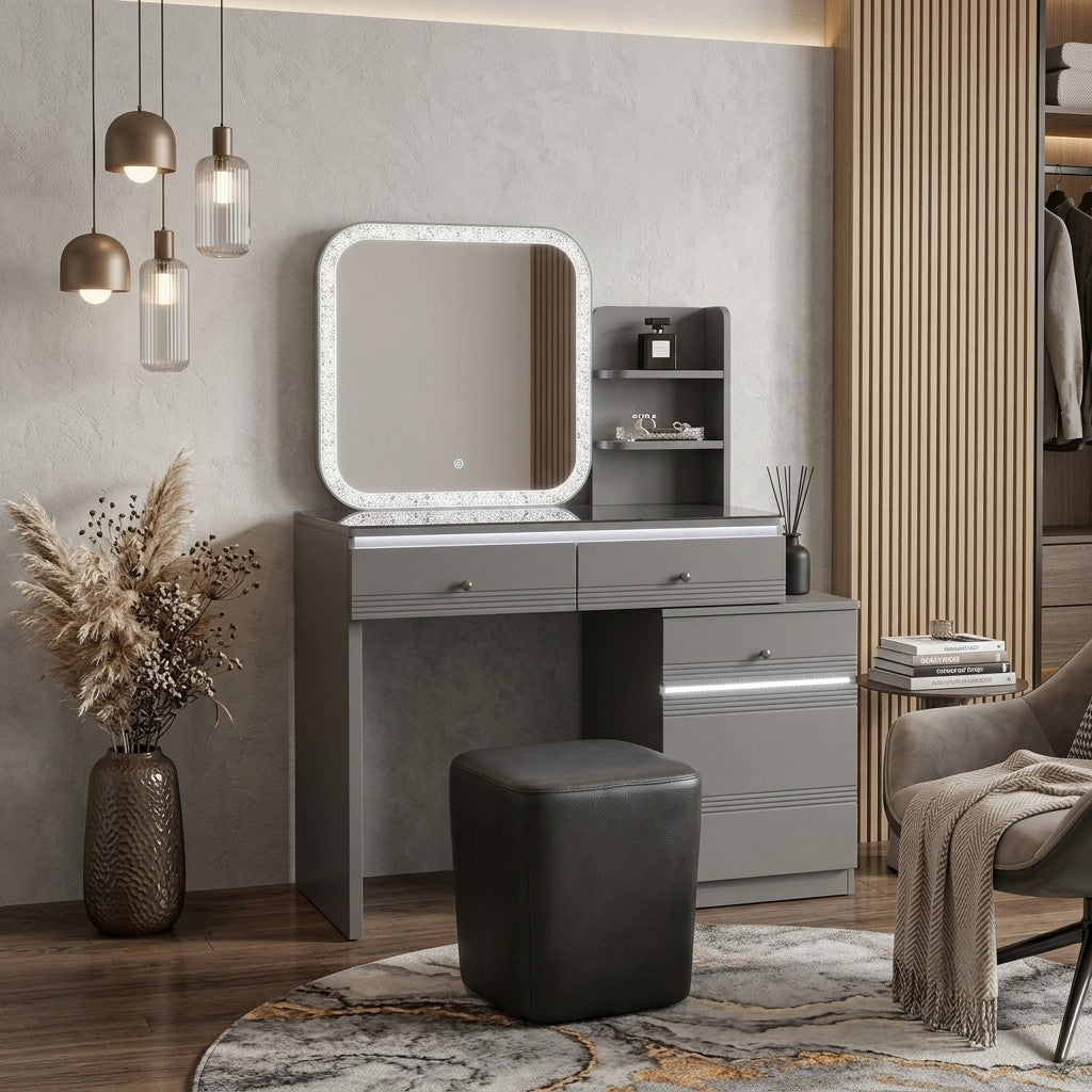 Verona Grey Dressing Table Set with LED Mirror, Shelves & Stool Grandeur Furnishings