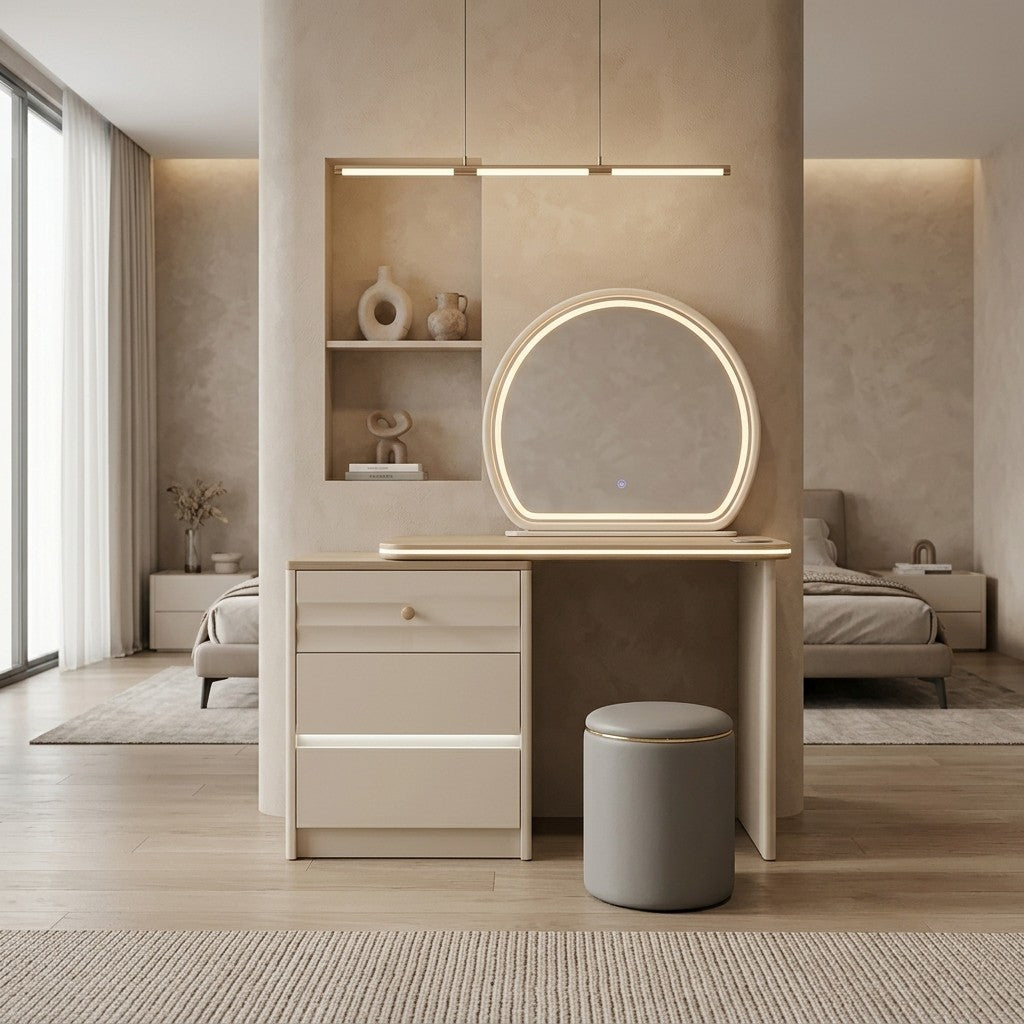 Chérie Modern Dressing Table Set with LED Lighted Mirror & Stool Grandeur Furnishings