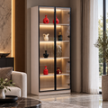 Narrow wood-look glass display cabinet with illuminated shelves