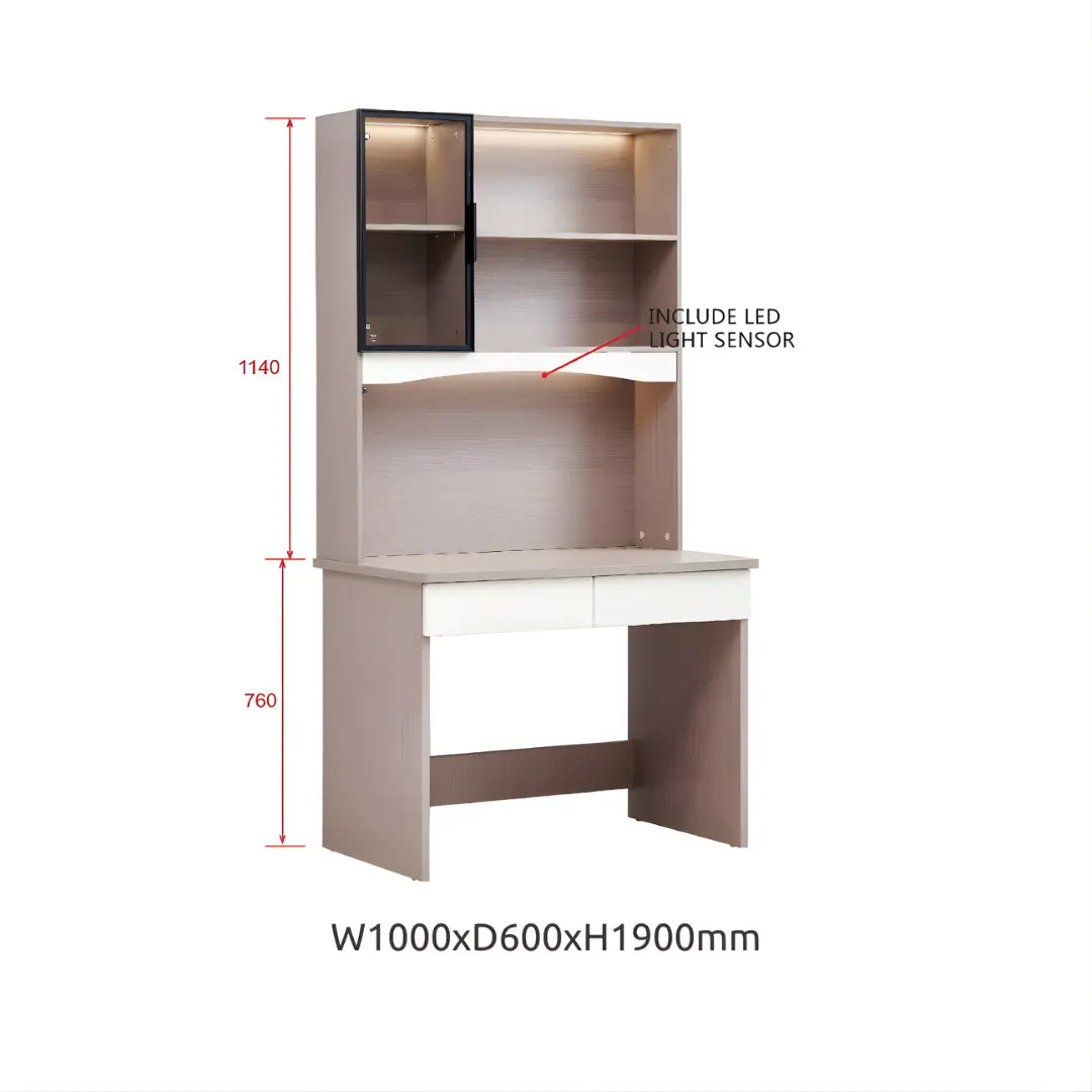 Modern Study Desk | Computer Workstation with Glass Cabinet, Bookshelves & 2 Drawers Grandeur Furnishings