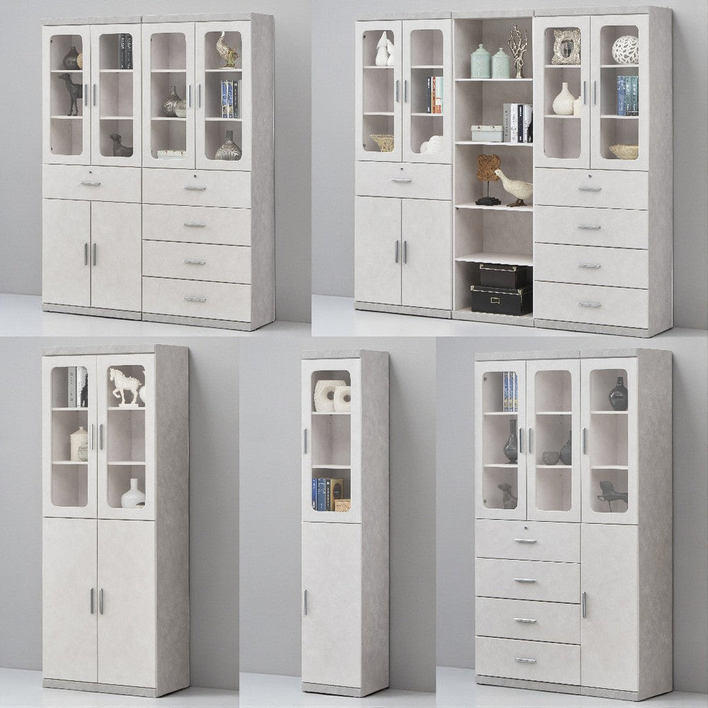 Light grey bookcase configurations with glass-front compartments, open shelves and drawers