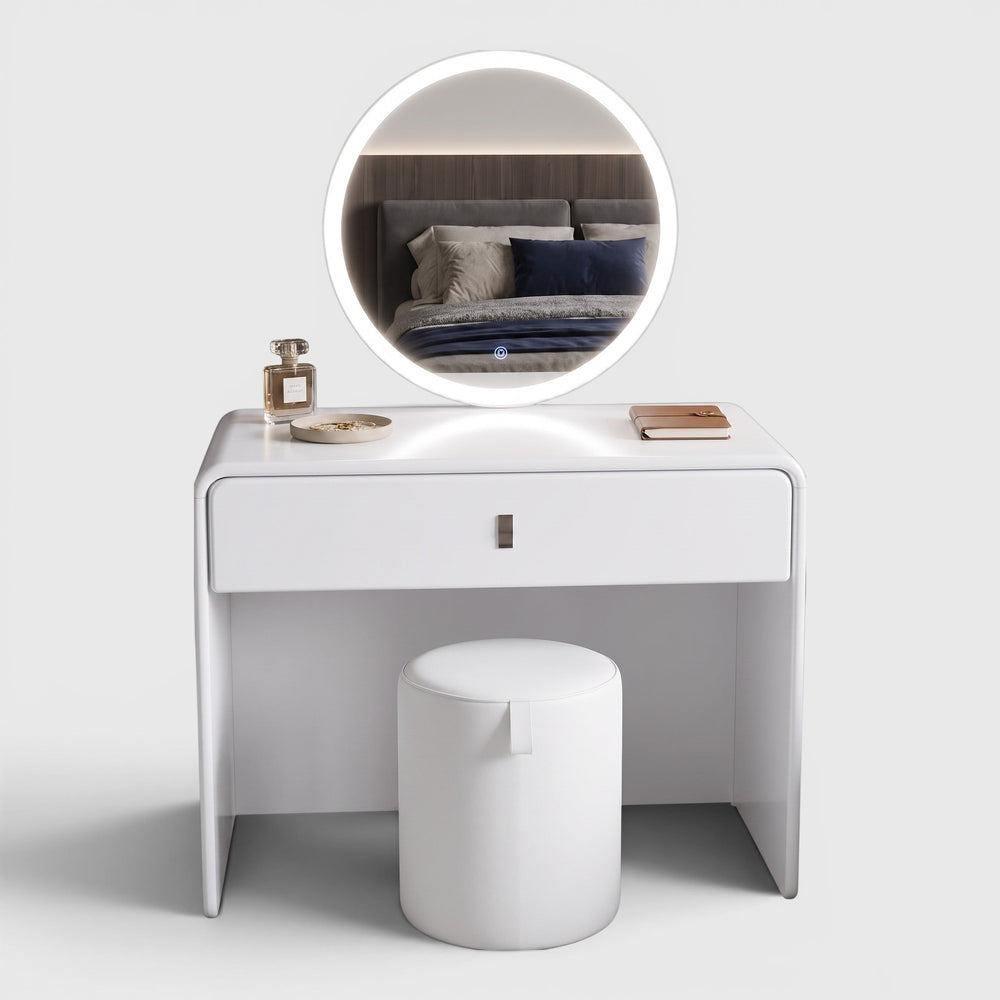 BELLE white 80cm dressing table with LED round mirror and stool for a small Singapore bedroom