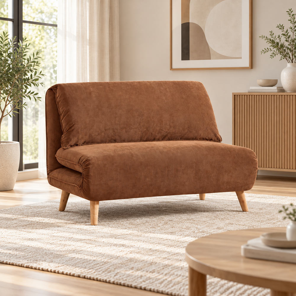 Brown fabric sofa bed with adjustable backrest