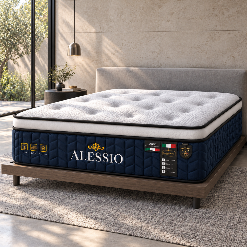 Vanzio Italia Alessio mattress with a white quilted Euro top and navy side panels on a wooden bed in a modern bedroom.