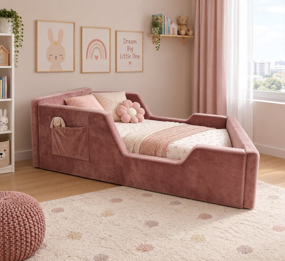 Pink Elyssia upholstered bed frame with a side storage pocket in a bedroom