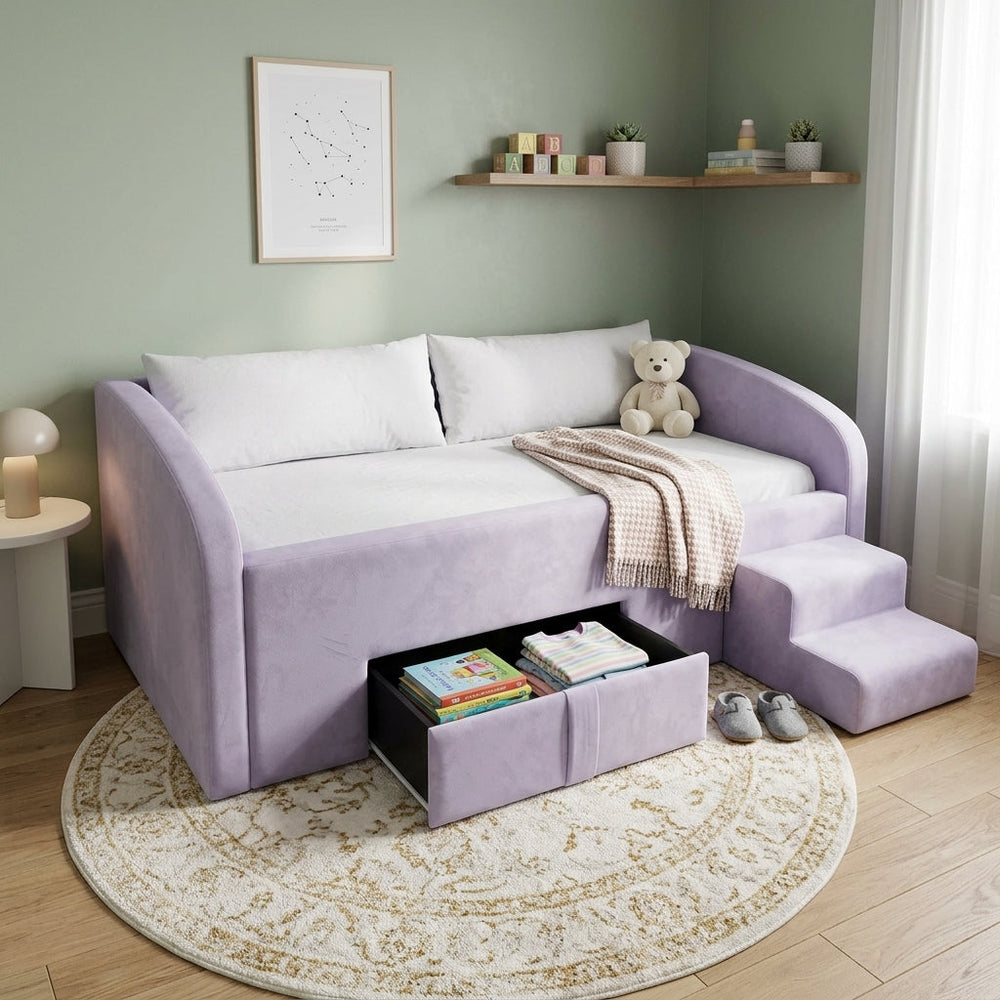 Pixie upholstered daybed with wrap-around panels, a storage drawer and a matching step stool