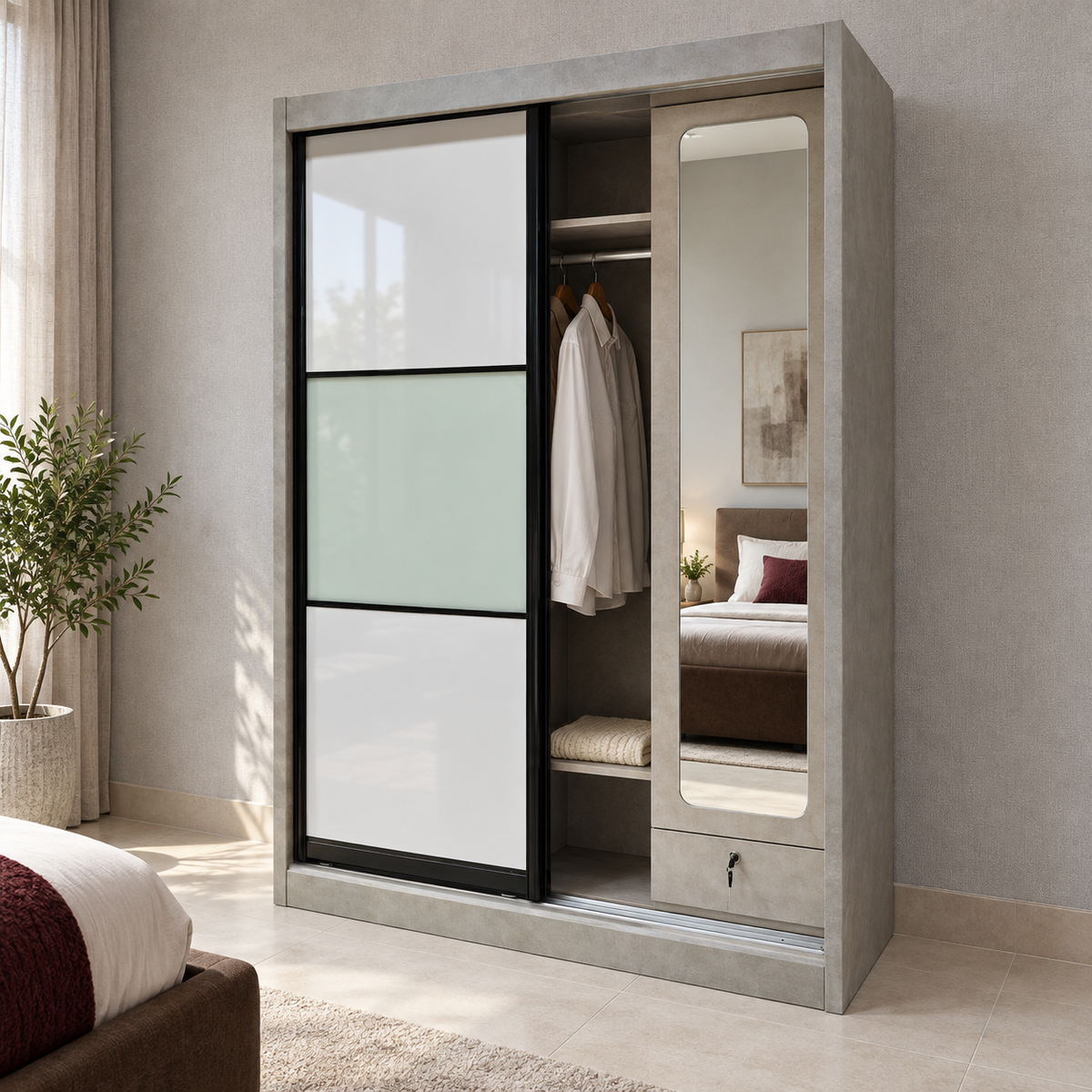 Marlow sliding wardrobe with one door moved aside to reveal hanging storage and its tall internal mirror.