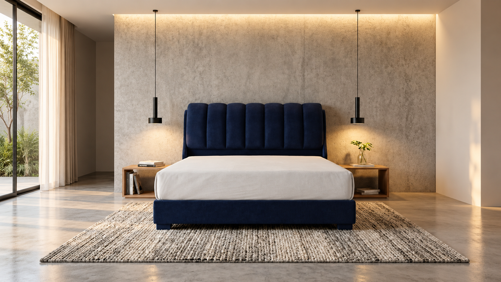 Amora navy upholstered bed with vertical headboard channels in a warm contemporary bedroom
