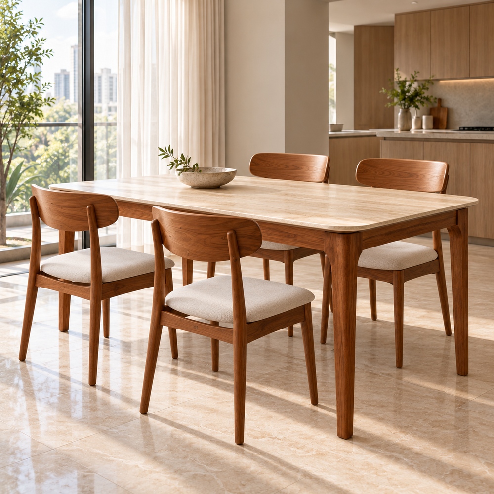 Valenza dining set with a light beige travertine top, warm brown wood frame and four oatmeal upholstered chairs in a bright dining room.