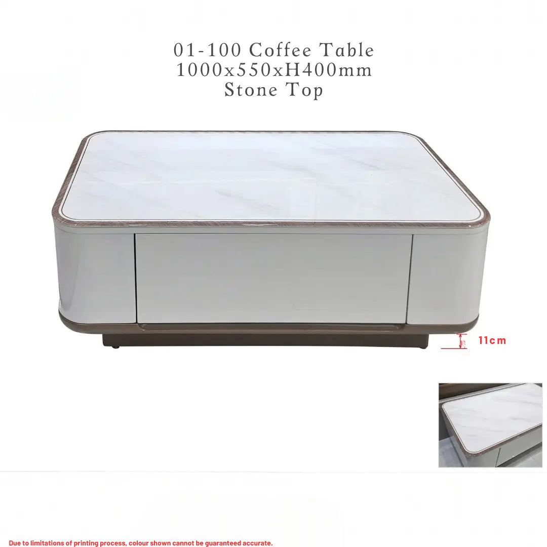 Elora Luxury Stone Top Coffee Table  – White Gloss Living Room Center Table with Storage Drawers & Rounded Safety Edges Grandeur Furnishings