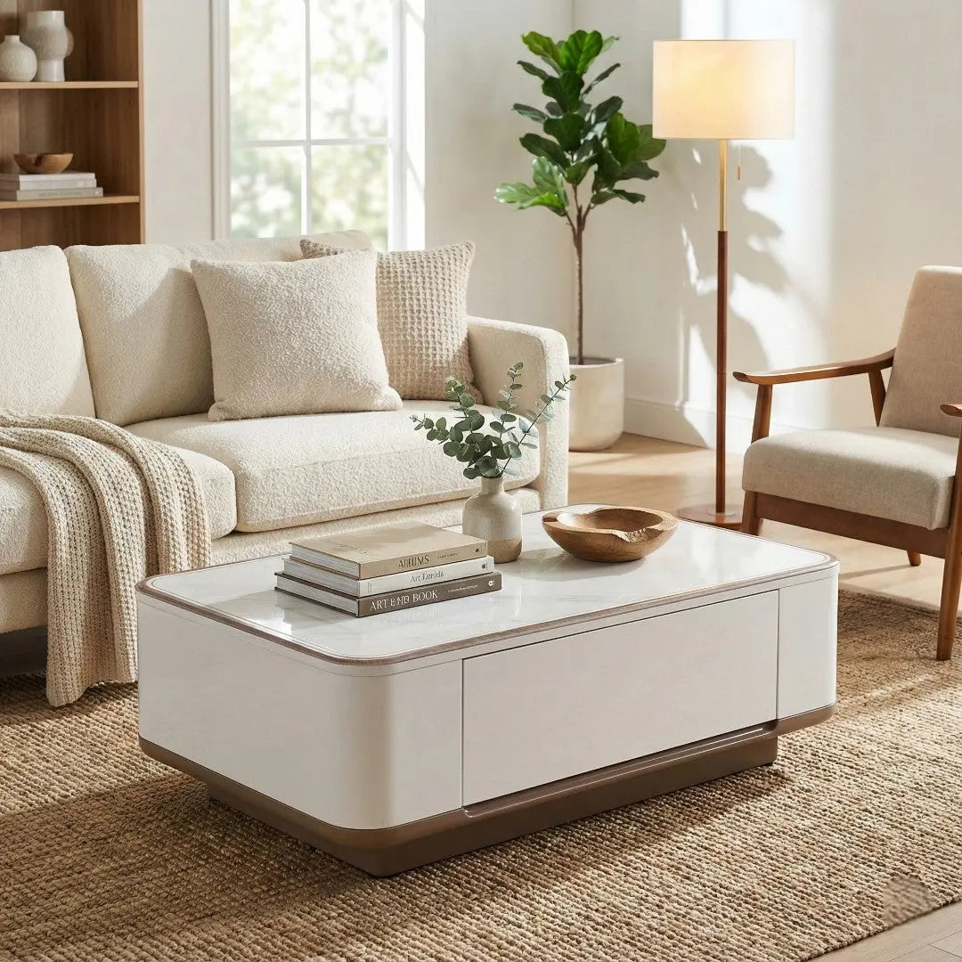 Elora Luxury Stone Top Coffee Table  – White Gloss Living Room Center Table with Storage Drawers & Rounded Safety Edges Grandeur Furnishings