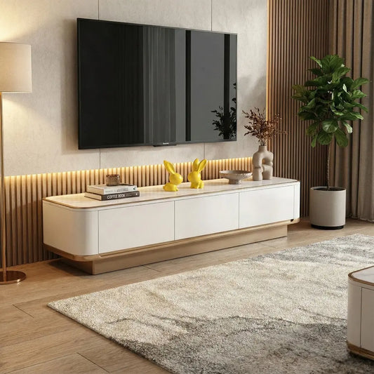 Elora Luxury TV Console | Sintered Stone Top TV Cabinet | Modern White & Gold Entertainment Unit with 3 Drawers Grandeur Furnishings