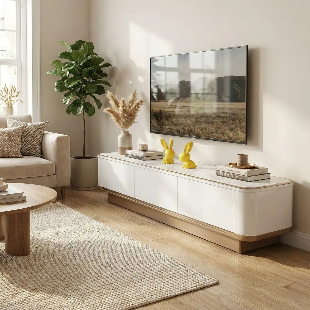 Elora Luxury TV Console | Sintered Stone Top TV Cabinet | Modern White & Gold Entertainment Unit with 3 Drawers Grandeur Furnishings