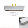 White Elora TV console with top detail and dimensions
