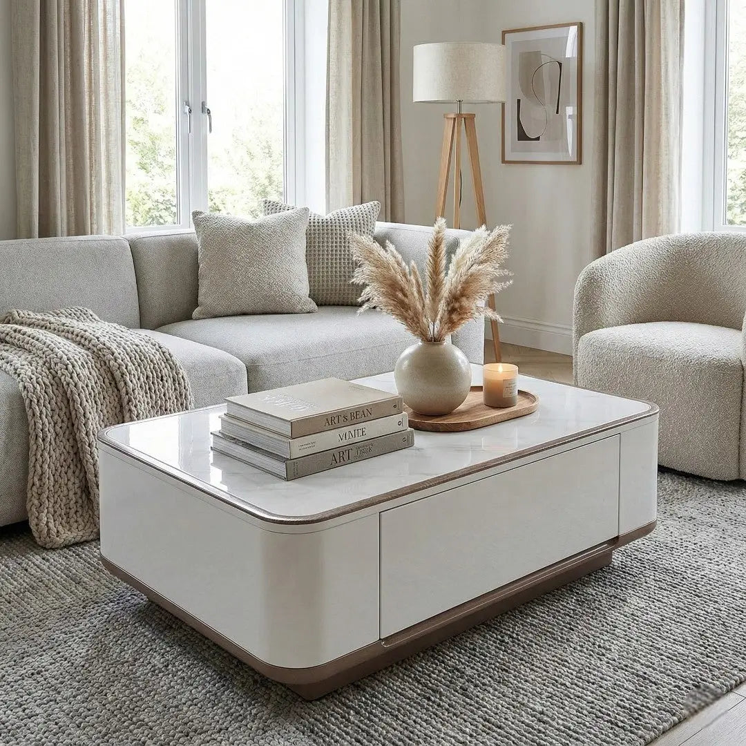 Elora Luxury Stone Top Coffee Table  – White Gloss Living Room Center Table with Storage Drawers & Rounded Safety Edges Grandeur Furnishings