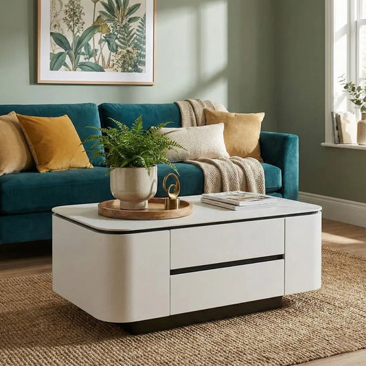 Monarc Matte Stone Top Coffee Table - Modern Luxury Center Table with 2 Storage Drawers | Rounded Safety Corner Grandeur Furnishings