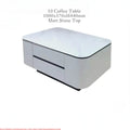 White Monarc coffee table with two drawers and dimensions