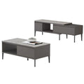 Grey TV console and matching coffee table, angled front view