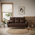 Brown Freya sofa in a living room with wood accents