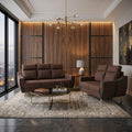 Brown Freya sofa set in a softly lit living room