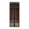 Narrow brown glass-door wardrobe with hanging rail
