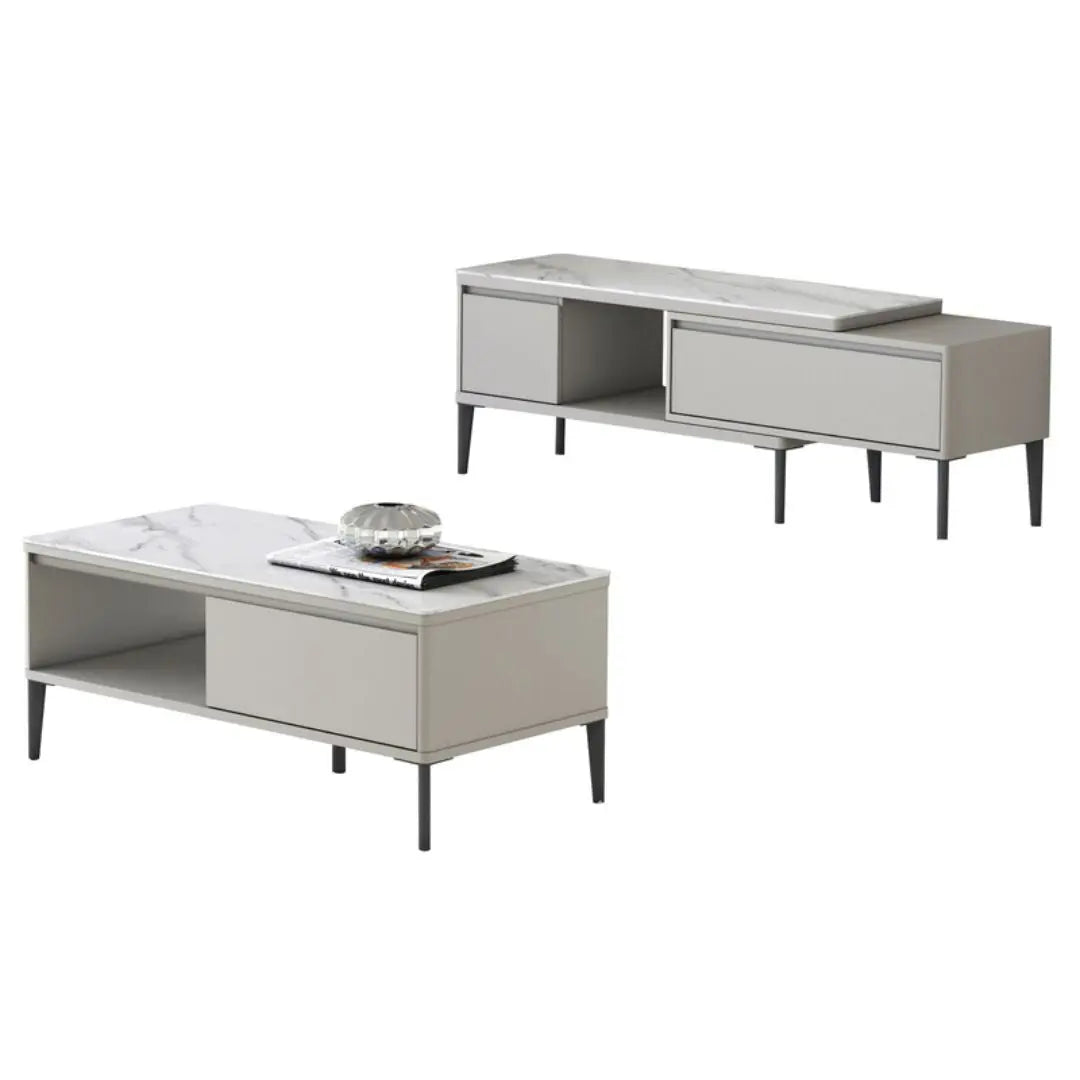 TV Console & Coffee Table Set – Gloss White or Gloss Grey Finish with Sintered Stone Top Grandeur Furnishings
