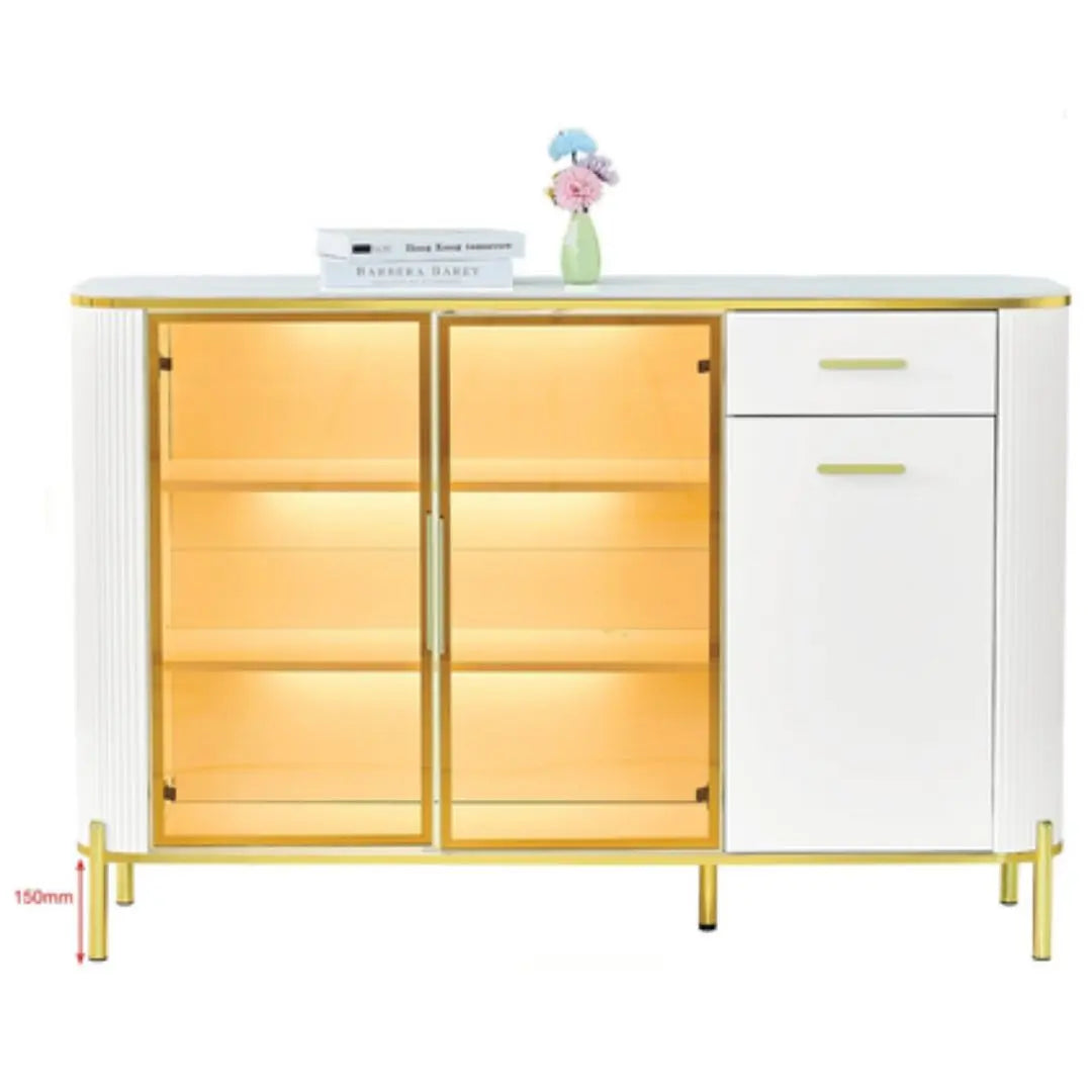 Glass Display Side Cabinet with LED Lights & Sintered Stone Top Storage Solution Grandeur Furnishings