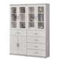Elegant Light Grey Bookcase Display Cabinet with Glass Doors, Drawers & Shelves Grandeur Furnishings