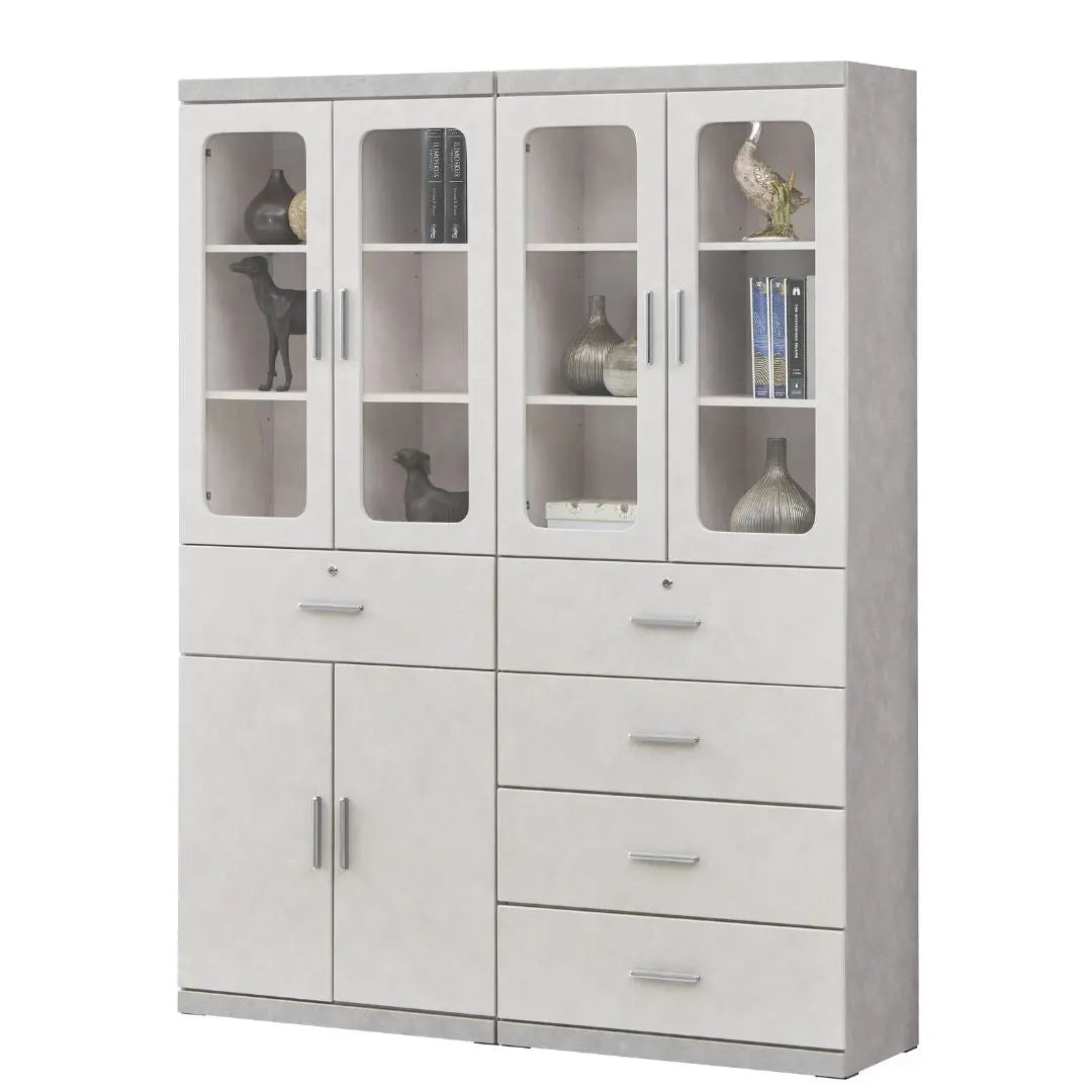 Elegant Light Grey Bookcase Display Cabinet with Glass Doors, Drawers & Shelves Grandeur Furnishings