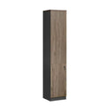 Slim wood-look cabinet with two solid doors, angled view