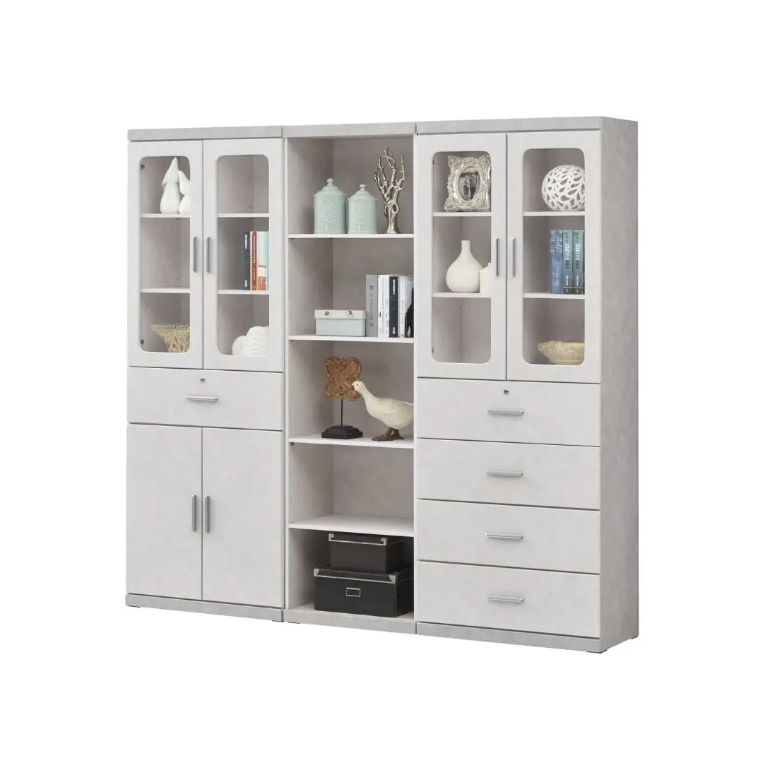 Elegant Light Grey Bookcase Display Cabinet with Glass Doors, Drawers & Shelves Grandeur Furnishings