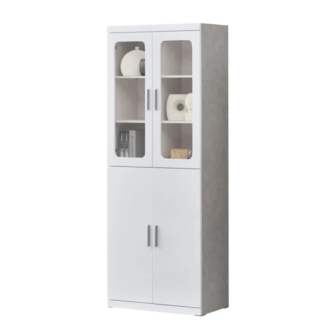 Multi-Storage Book Cabinet with Glass Doors & Drawers – White Finish Grandeur Furnishings