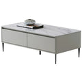 White rectangular coffee table with stone-patterned top and black legs