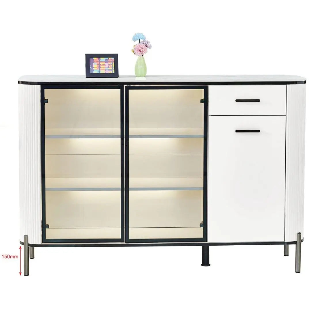 Glass Display Side Cabinet with LED Lights & Sintered Stone Top Storage Solution Grandeur Furnishings